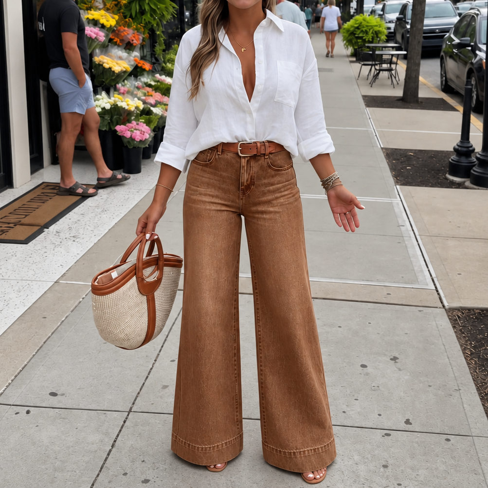 Lange high-waist wide-leg jeans in denimlook met vintage wassing