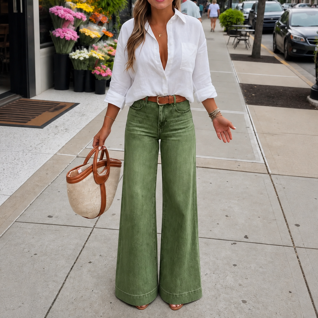 Lange high-waist wide-leg jeans in denimlook met vintage wassing