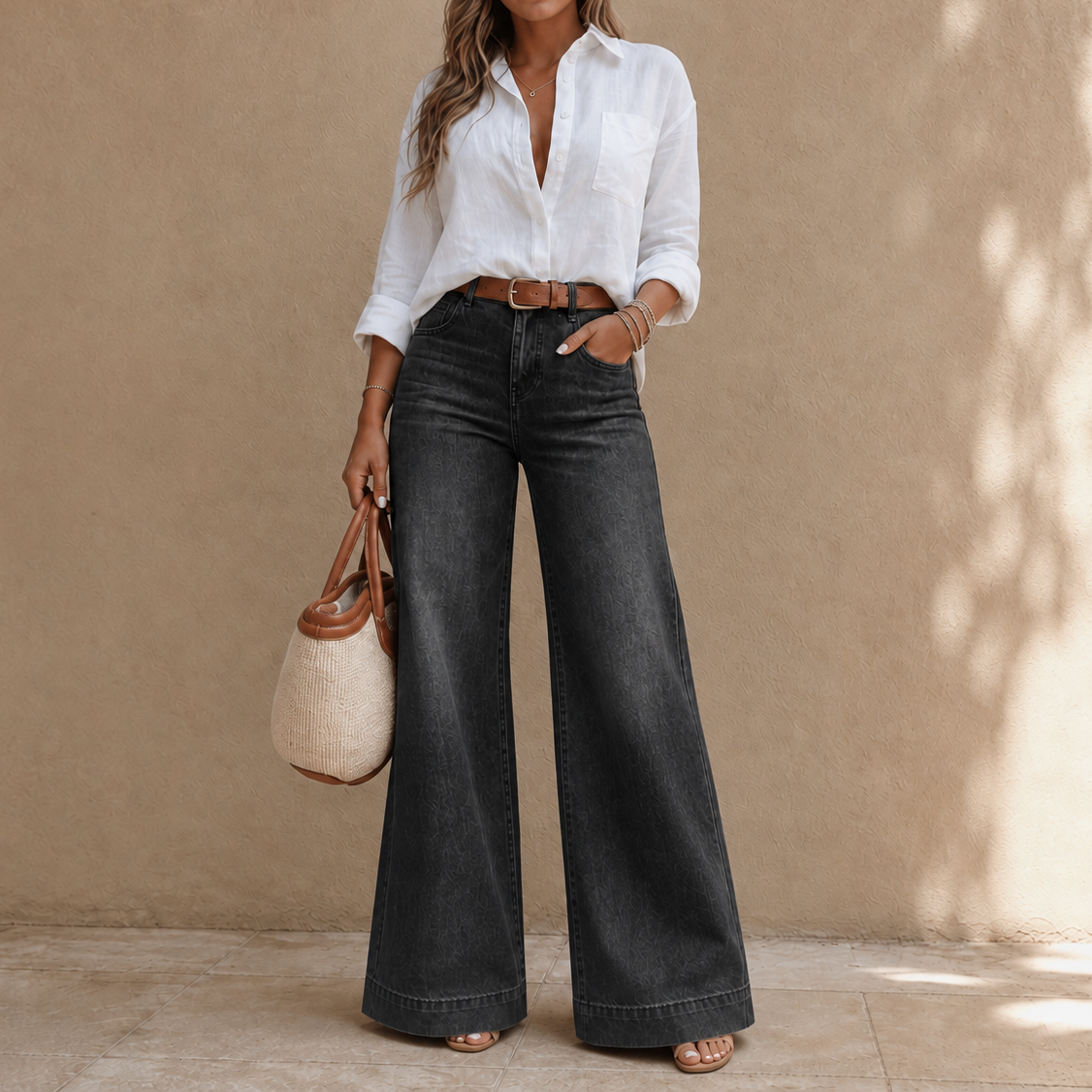 Lange high-waist wide-leg jeans in denimlook met vintage wassing