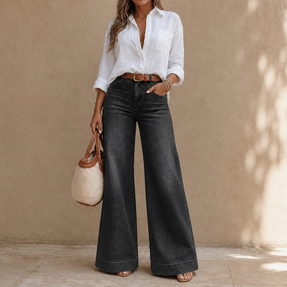 Lange high-waist wide-leg jeans in denimlook met vintage wassing