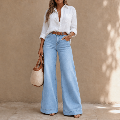 Lange high-waist wide-leg jeans in denimlook met vintage wassing