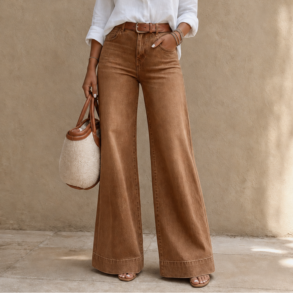 Lange high-waist wide-leg jeans in denimlook met vintage wassing