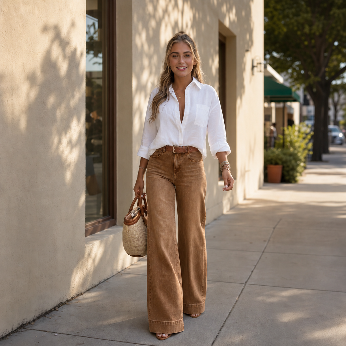 Lange high-waist wide-leg jeans in denimlook met vintage wassing