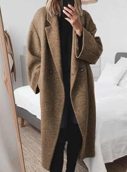 Lange oversized damesmantel van wolmix met reverskraag