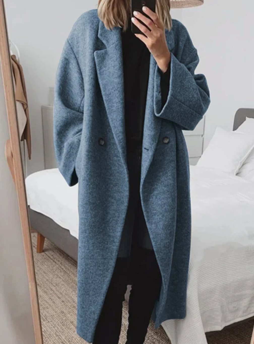 Lange oversized damesmantel van wolmix met reverskraag