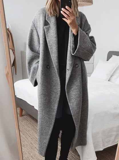 Lange oversized damesmantel van wolmix met reverskraag