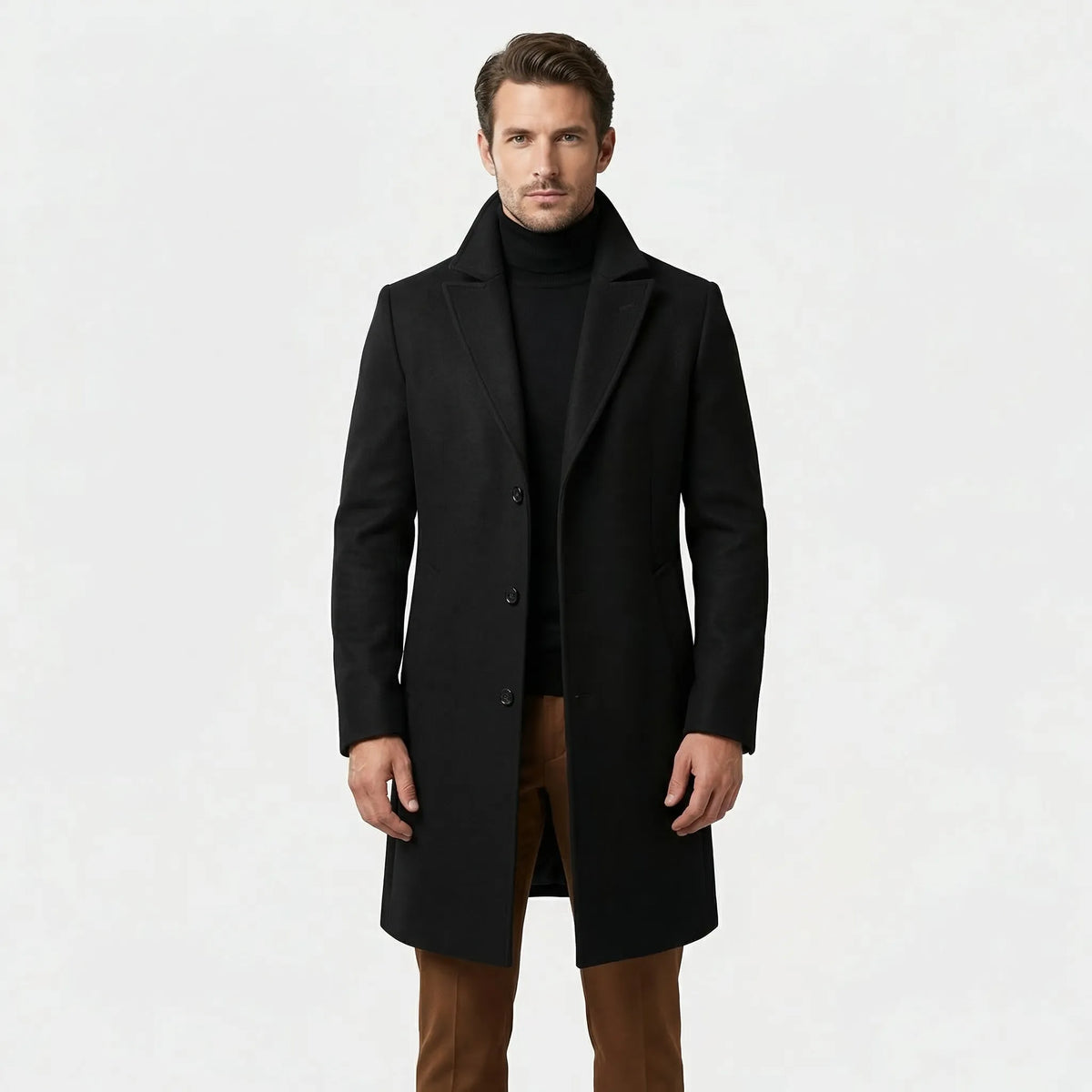 Lange single-breasted mantel met revers