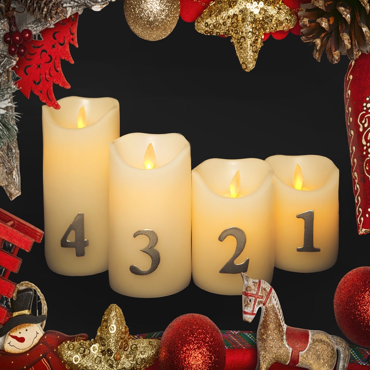 LED-adventskaarsen met timer en afstandsbediening - 4 stuks - 9/10/12,5/15 cm - met 3D-vlam