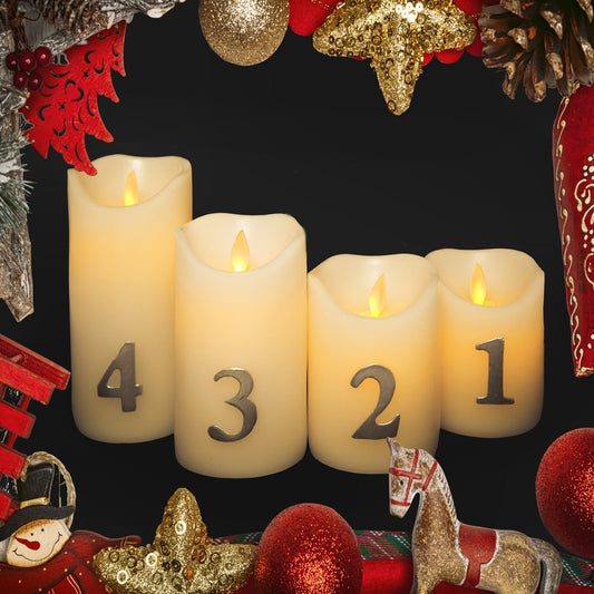 LED-adventskaarsen met timer en afstandsbediening - 4 stuks - 9/10/12,5/15 cm - met 3D-vlam