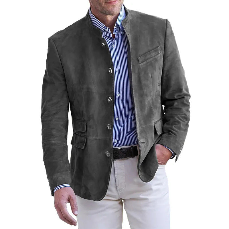 Leren velours blazer voor heren met staande kraag en klepzakken