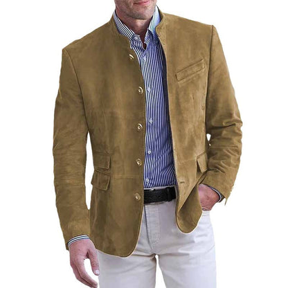 Leren velours blazer voor heren met staande kraag en klepzakken