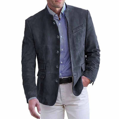 Leren velours blazer voor heren met staande kraag en klepzakken