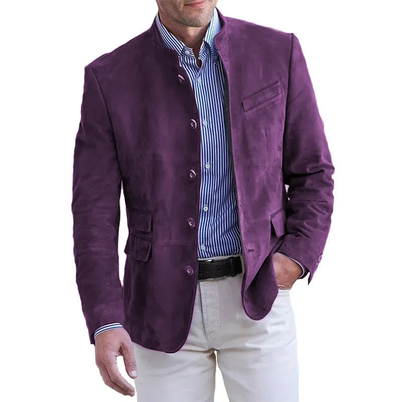 Leren velours blazer voor heren met staande kraag en klepzakken