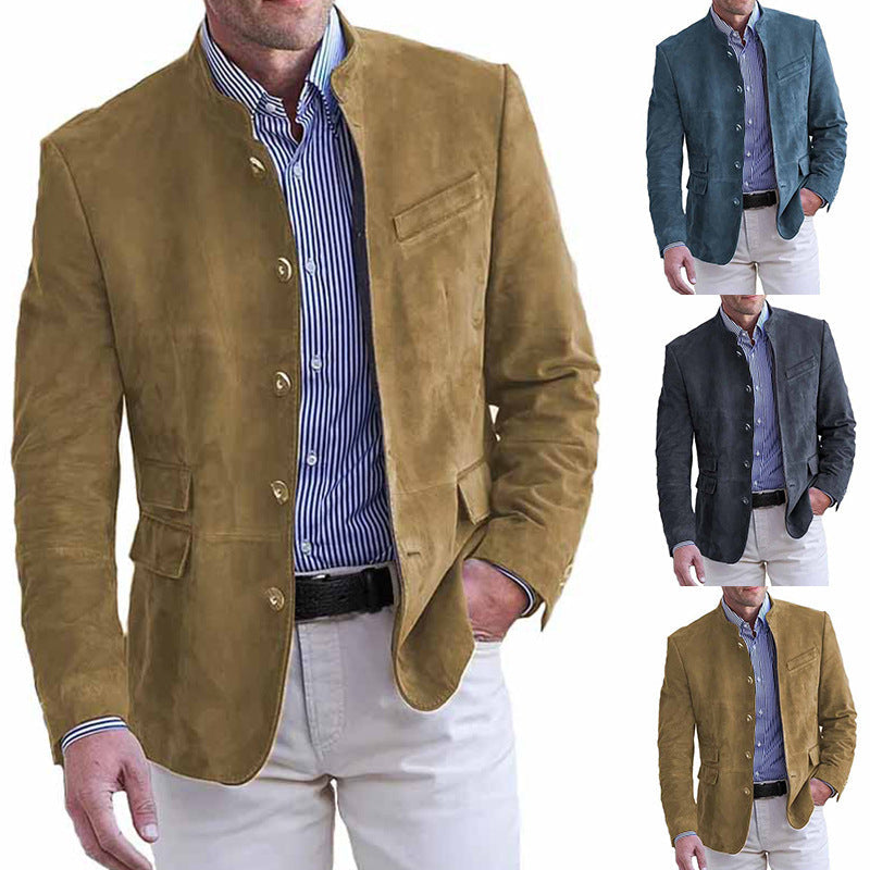 Leren velours blazer voor heren met staande kraag en klepzakken