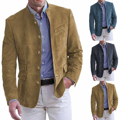 Leren velours blazer voor heren met staande kraag en klepzakken
