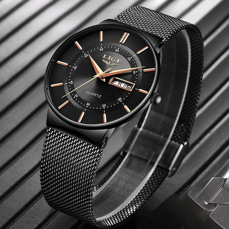 Luxe Ultra-Dun Waterdicht Roestvrijstalen Quartz Herenhorloge – Elegant Herenhorloge met Datumweergave Sporthorloge
