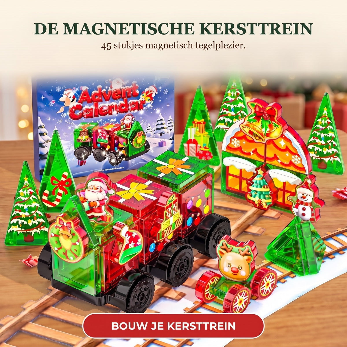 Magnetische Tegels Kersttrein Adventskalender, 45 Stukjes