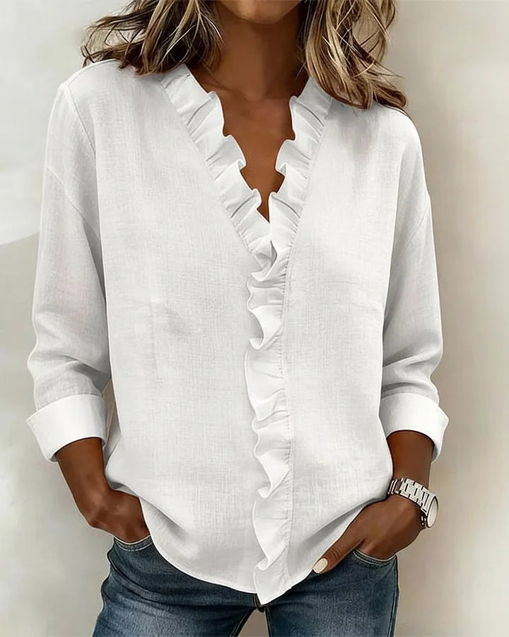 Image of Marie | Dames Ruche V-hals Lange Mouw Blouse