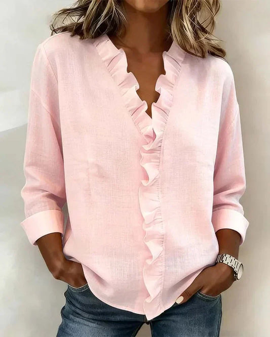 Image of Marie | Dames Ruche V-hals Lange Mouw Blouse