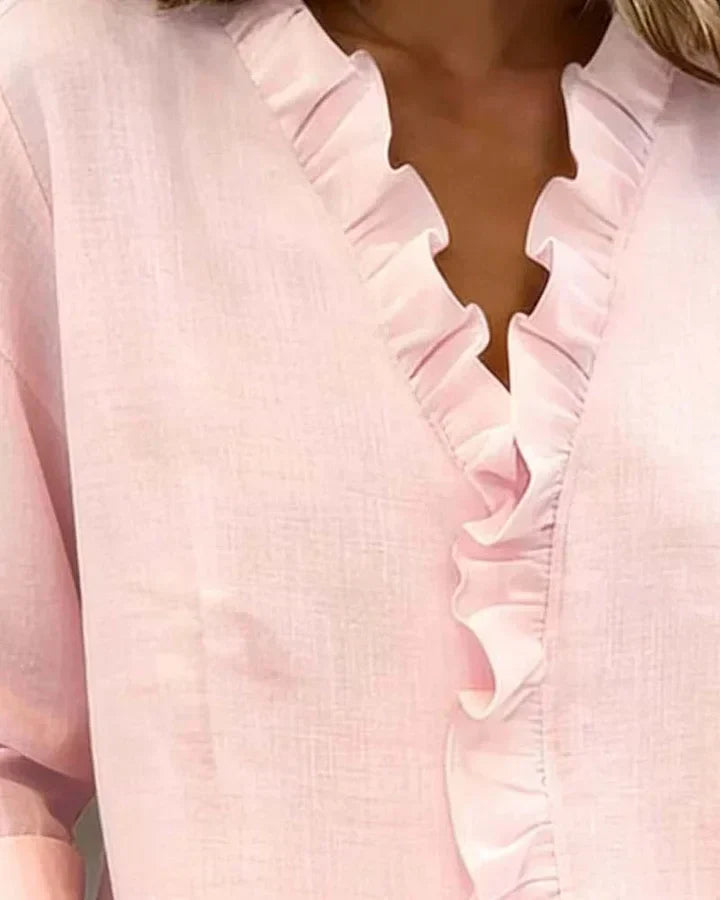 Image of Marie | Dames Ruche V-hals Lange Mouw Blouse
