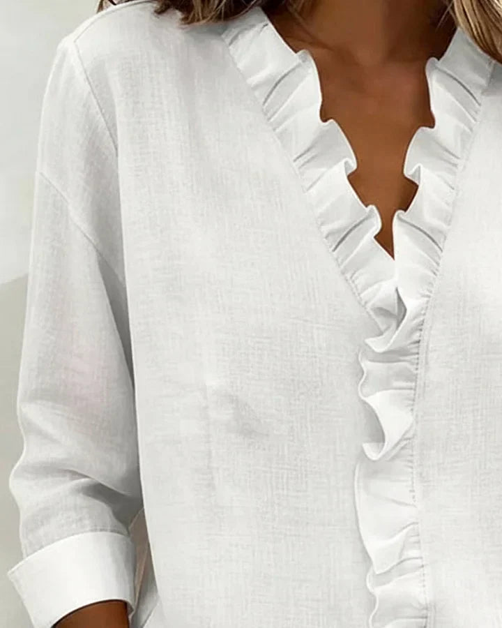 Image of Marie | Dames Ruche V-hals Lange Mouw Blouse