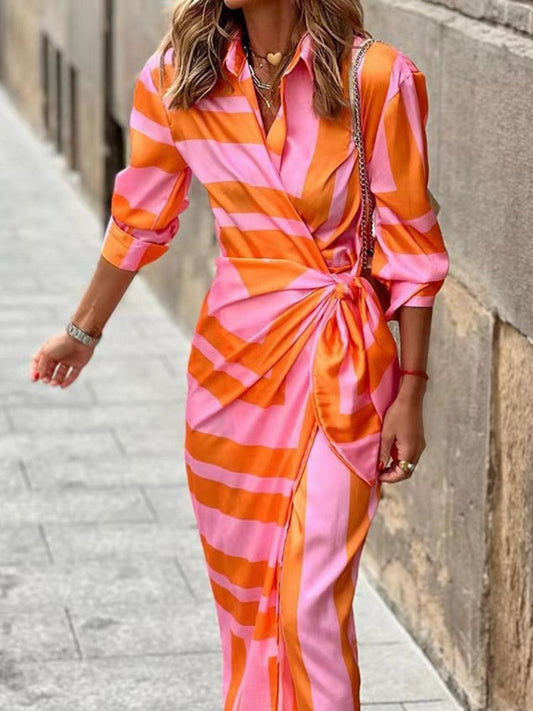 Image of Marleen | Dames Lange Mouw Gestreept Midi Jurk