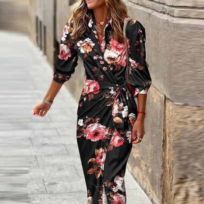 Image of Marleen | Dames Lange Mouw Gestreept Midi Jurk