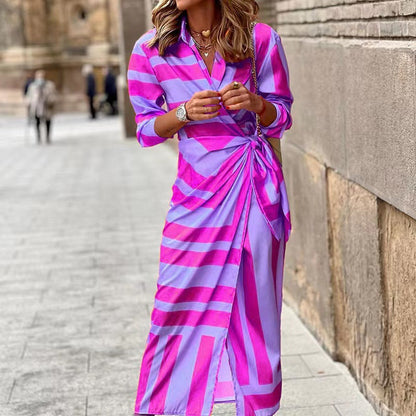 Image of Marleen | Dames Lange Mouw Gestreept Midi Jurk