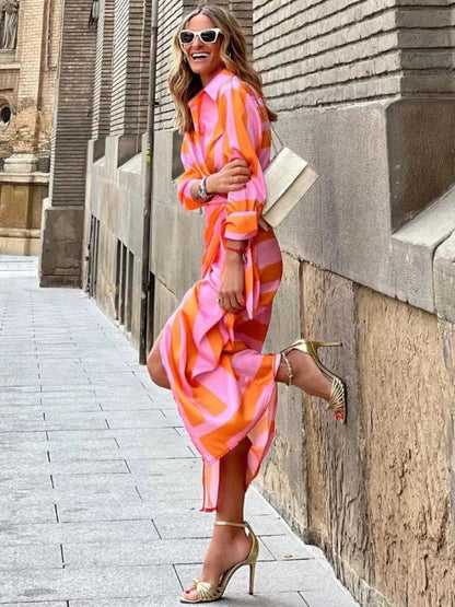 Image of Marleen | Dames Lange Mouw Gestreept Midi Jurk