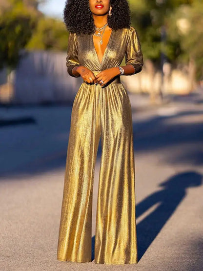 Metallic jumpsuit met V-hals en wijde pijpen voor dames