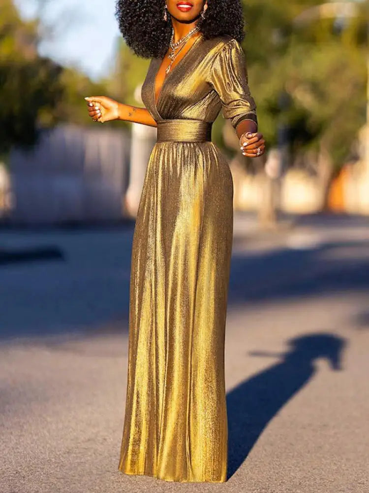 Metallic jumpsuit met V-hals en wijde pijpen voor dames