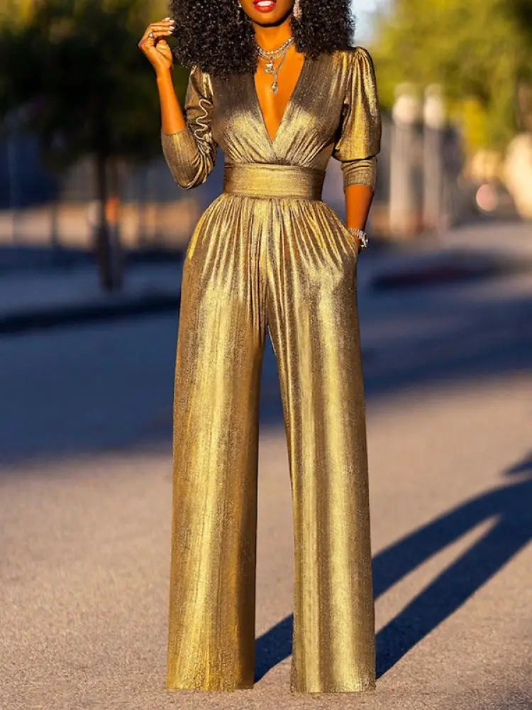 Metallic jumpsuit met V-hals en wijde pijpen voor dames