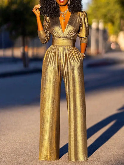 Metallic jumpsuit met V-hals en wijde pijpen voor dames