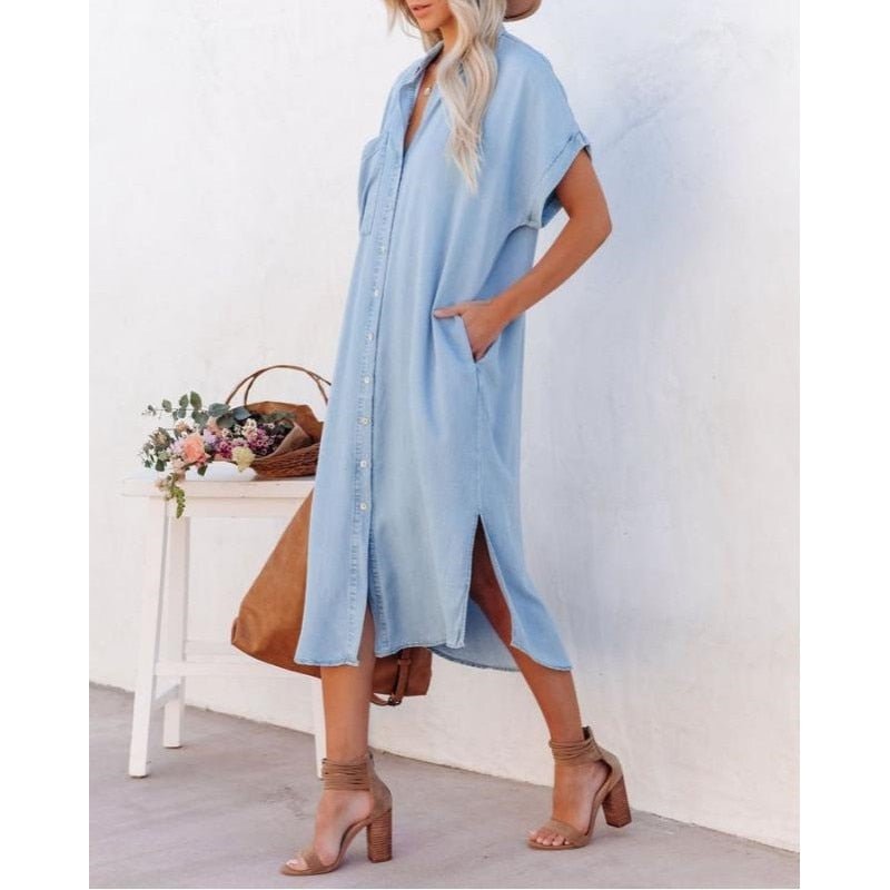 Image of Michelle | Dames Midi Overhemdjurk met Korte Mouwen