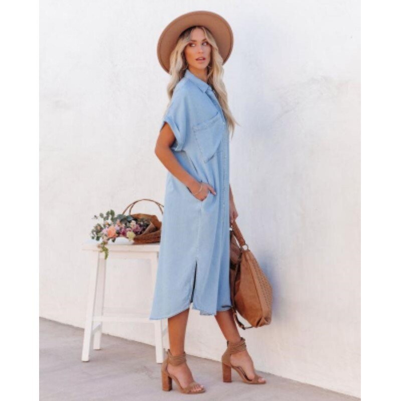 Image of Michelle | Dames Midi Overhemdjurk met Korte Mouwen
