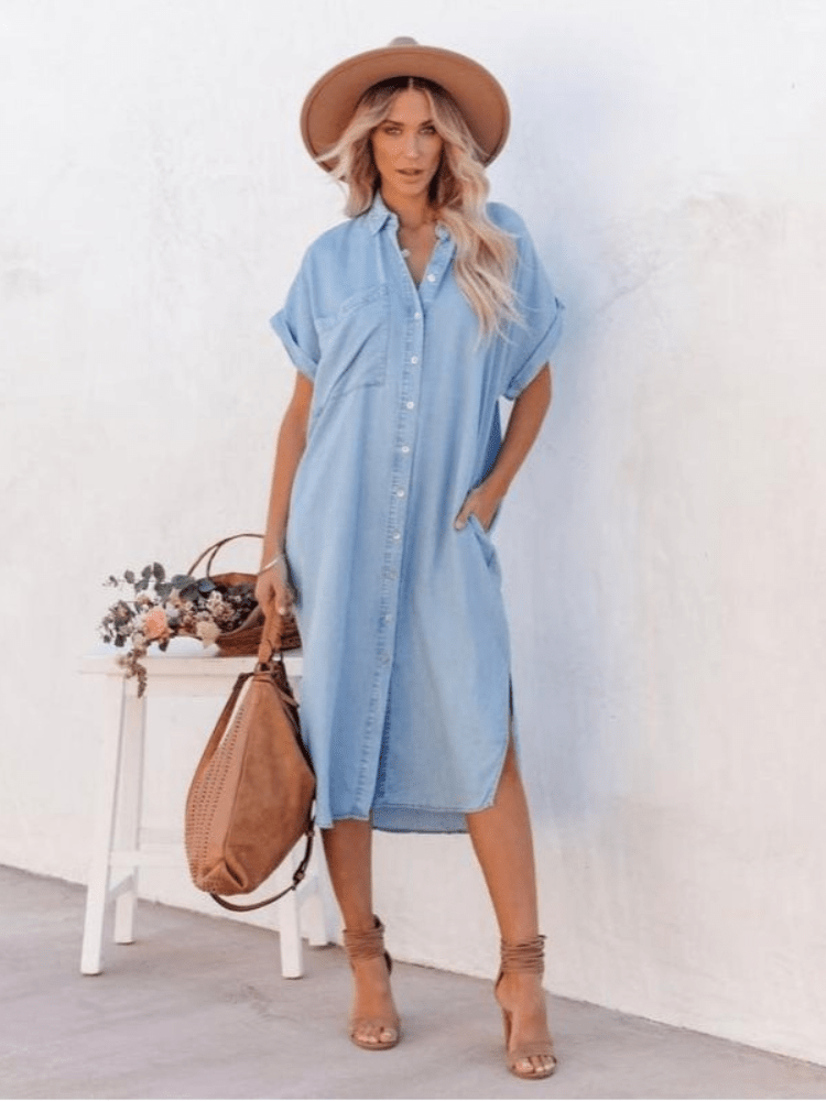 Image of Michelle | Dames Midi Overhemdjurk met Korte Mouwen
