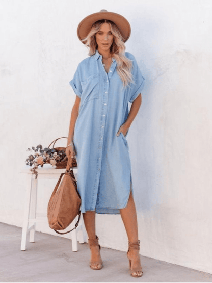 Image of Michelle | Dames Midi Overhemdjurk met Korte Mouwen