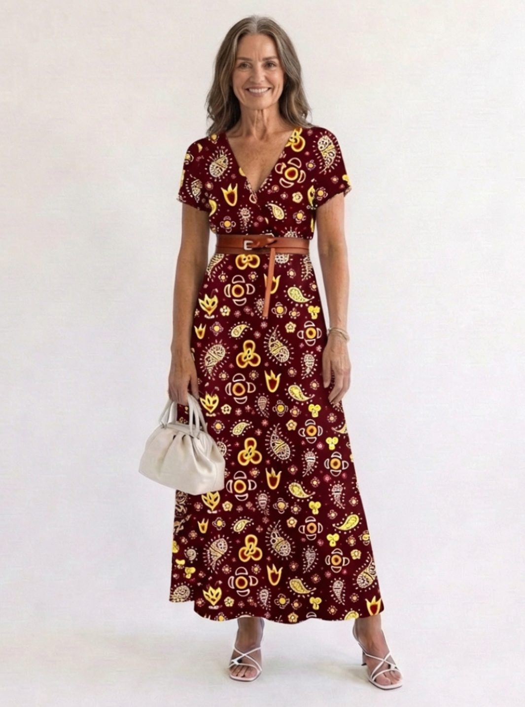 Midi-jurk met bloemenprint, V-hals en korte mouwen voor dames