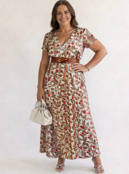 Midi-jurk met bloemenprint, V-hals en korte mouwen voor dames