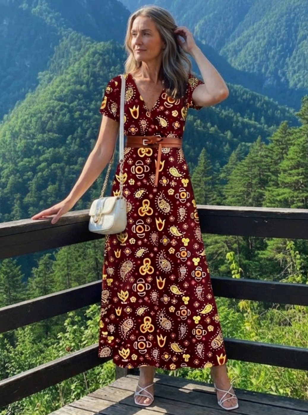Midi-jurk met bloemenprint, V-hals en korte mouwen voor dames