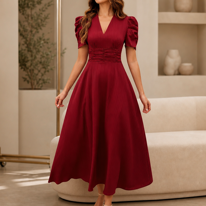Midi-jurk met V-hals, pofmouwen en gerimpelde taille