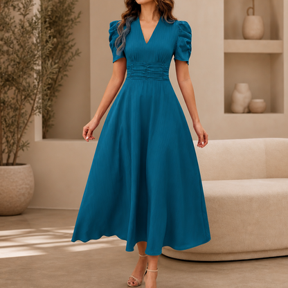 Midi-jurk met V-hals, pofmouwen en gerimpelde taille