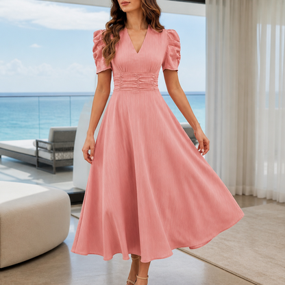 Midi-jurk met V-hals, pofmouwen en gerimpelde taille