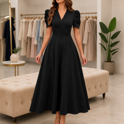 Midi-jurk met V-hals, pofmouwen en gerimpelde taille