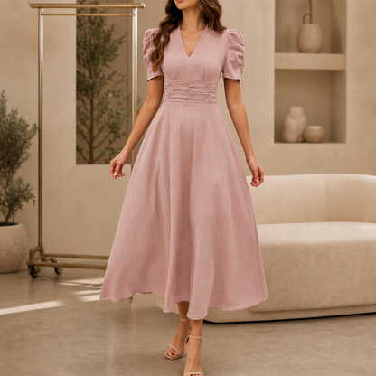 Midi-jurk met V-hals, pofmouwen en gerimpelde taille