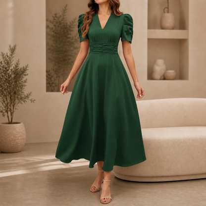 Midi-jurk met V-hals, pofmouwen en gerimpelde taille