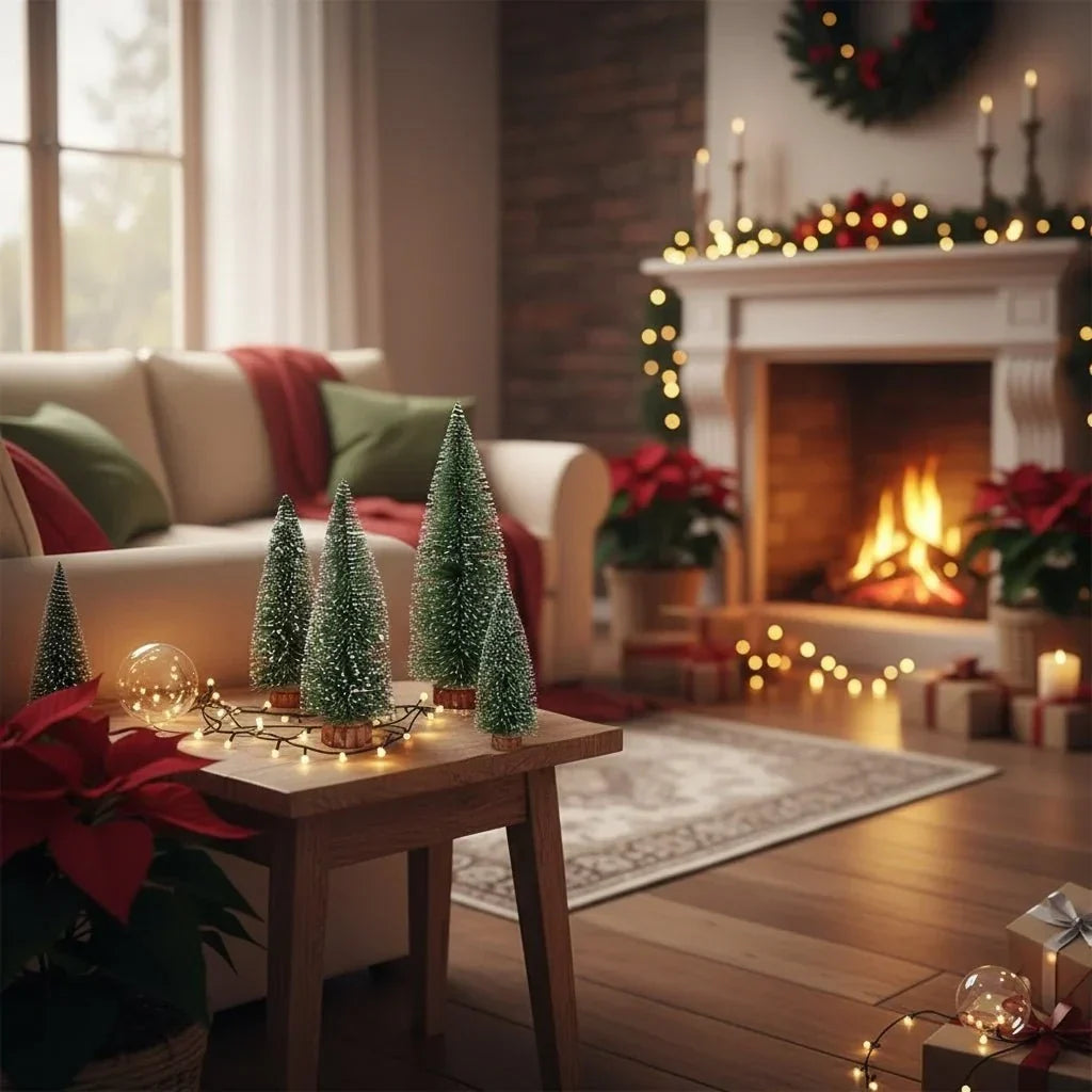 Mini-kerstbomen met flessenborstelontwerp en besneeuwde houten voet voor tafeldecoratie