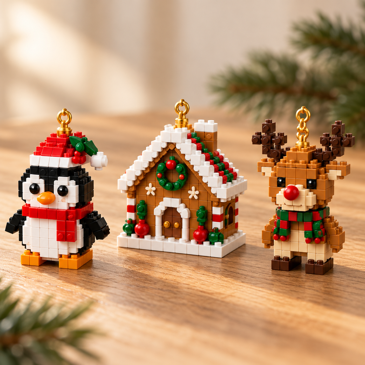 Detail van het peperkoekhuisje, de pinguïn en het rendier