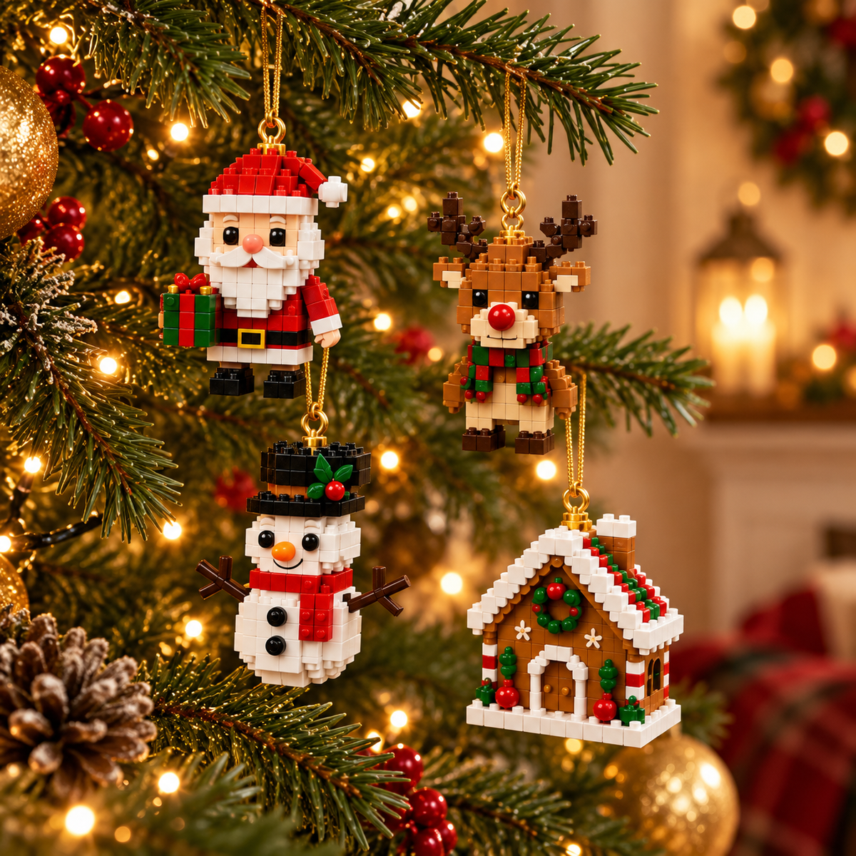 Kerstornamenten van bouwsteentjes in een sfeervolle kerstboom