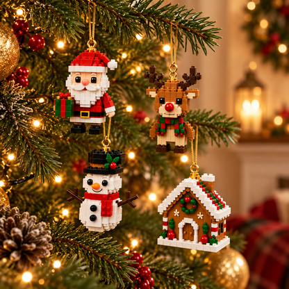Kerstornamenten van bouwsteentjes in een sfeervolle kerstboom